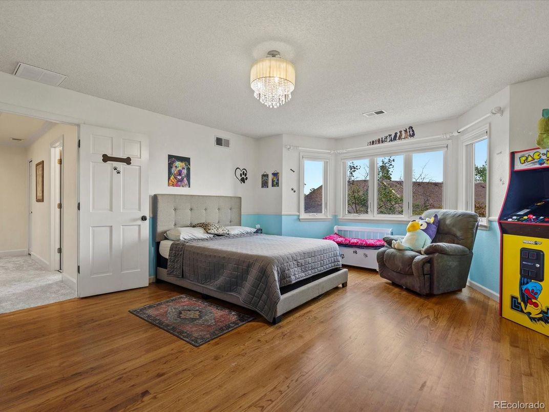 Bedroom, Chandelier, Interior, Wood Texture Flooring