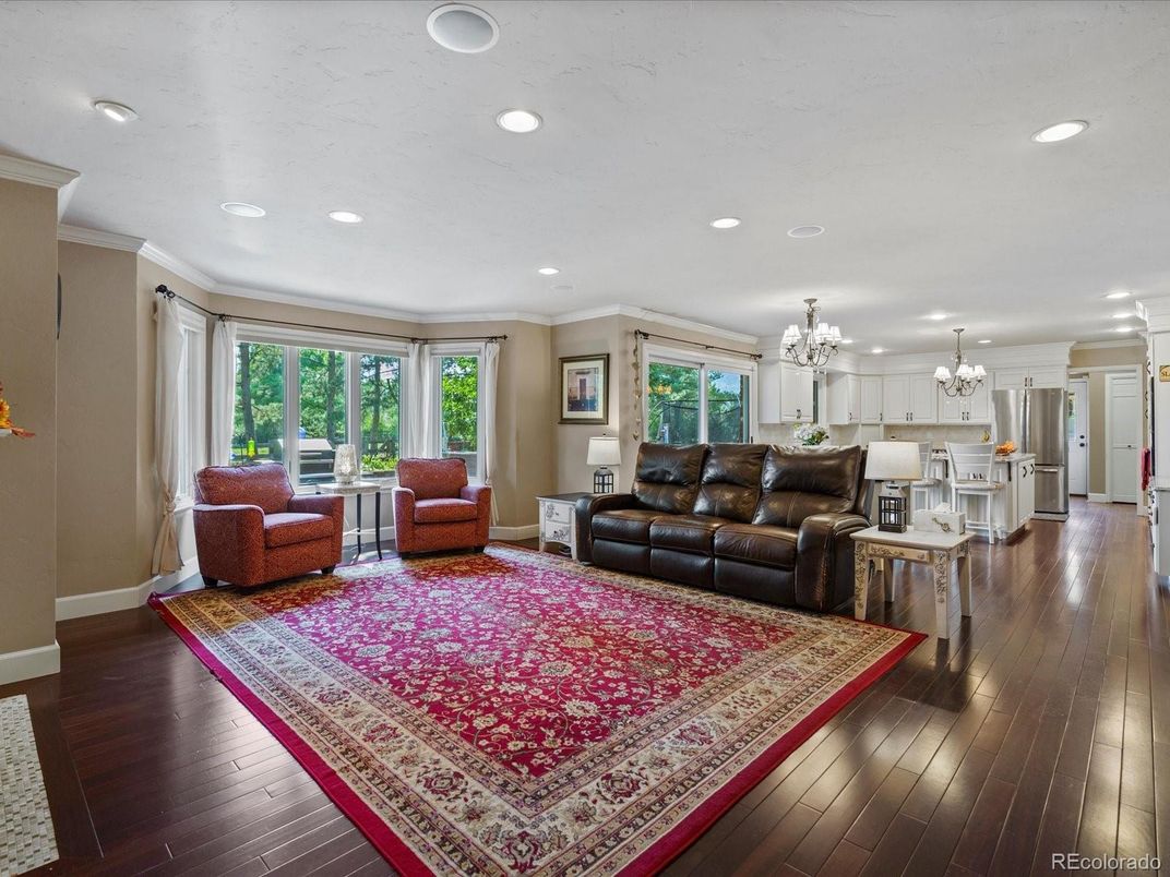Chandelier, Interior, Kitchen, Living room, Recessed Lighting, Wood Texture Flooring