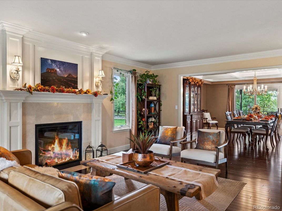 Chandelier, Dining room, Fireplace, Interior, Living room, Recessed Lighting, Wood Texture Flooring