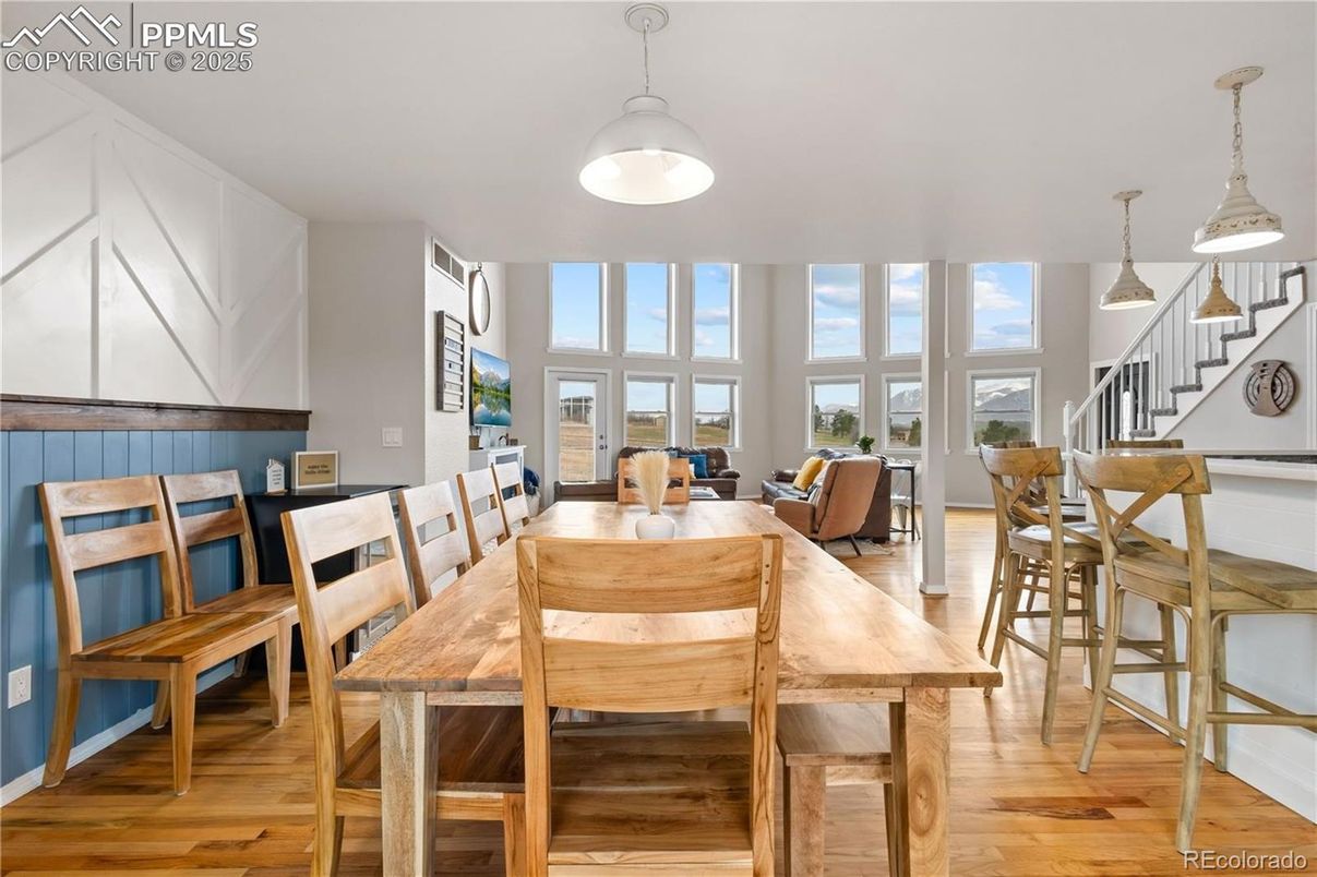 Dining room, Interior, Pendant Lights, Wood Texture Flooring
