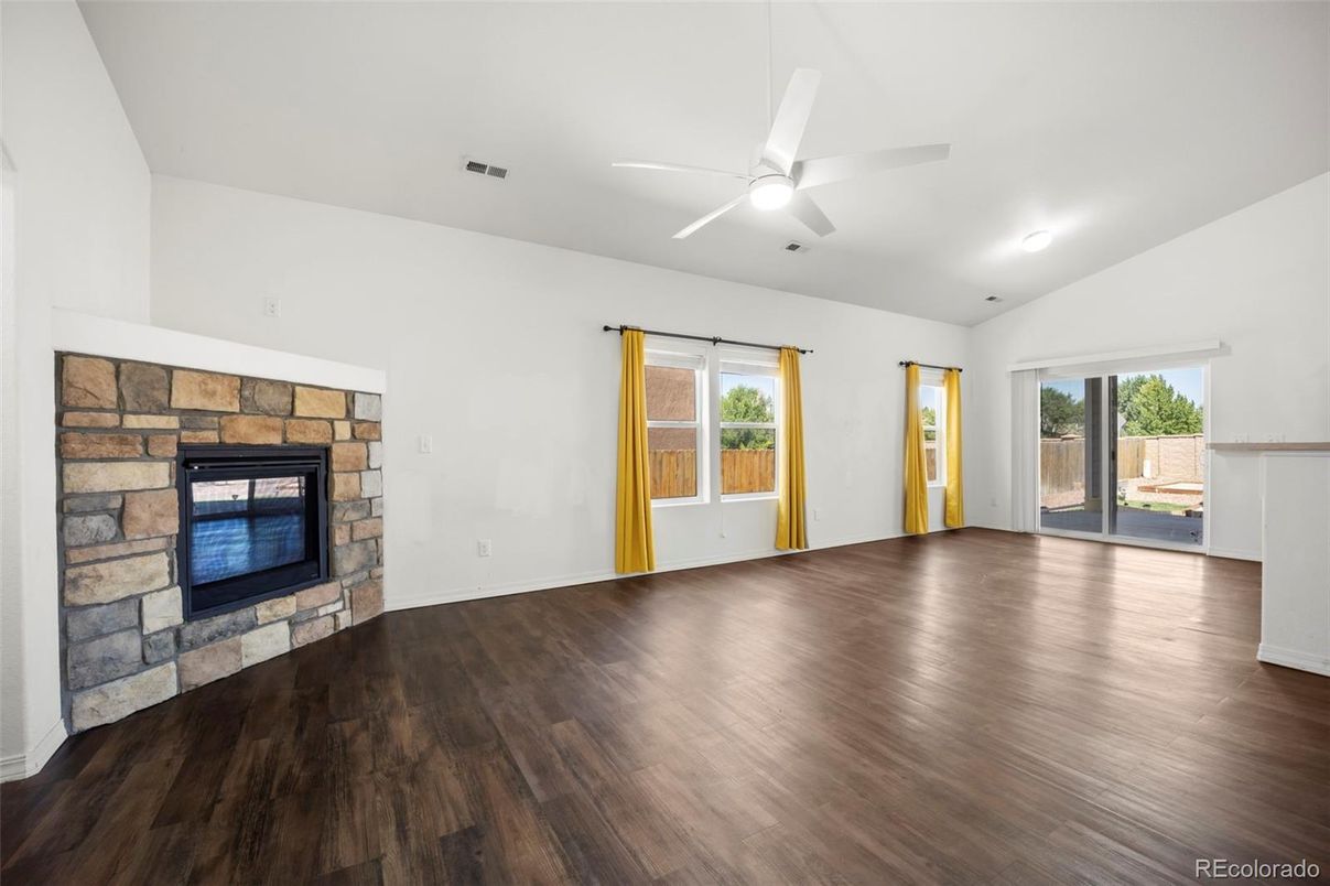 Empty room, Fireplace, Interior, Recessed Lighting, Wood Texture Flooring