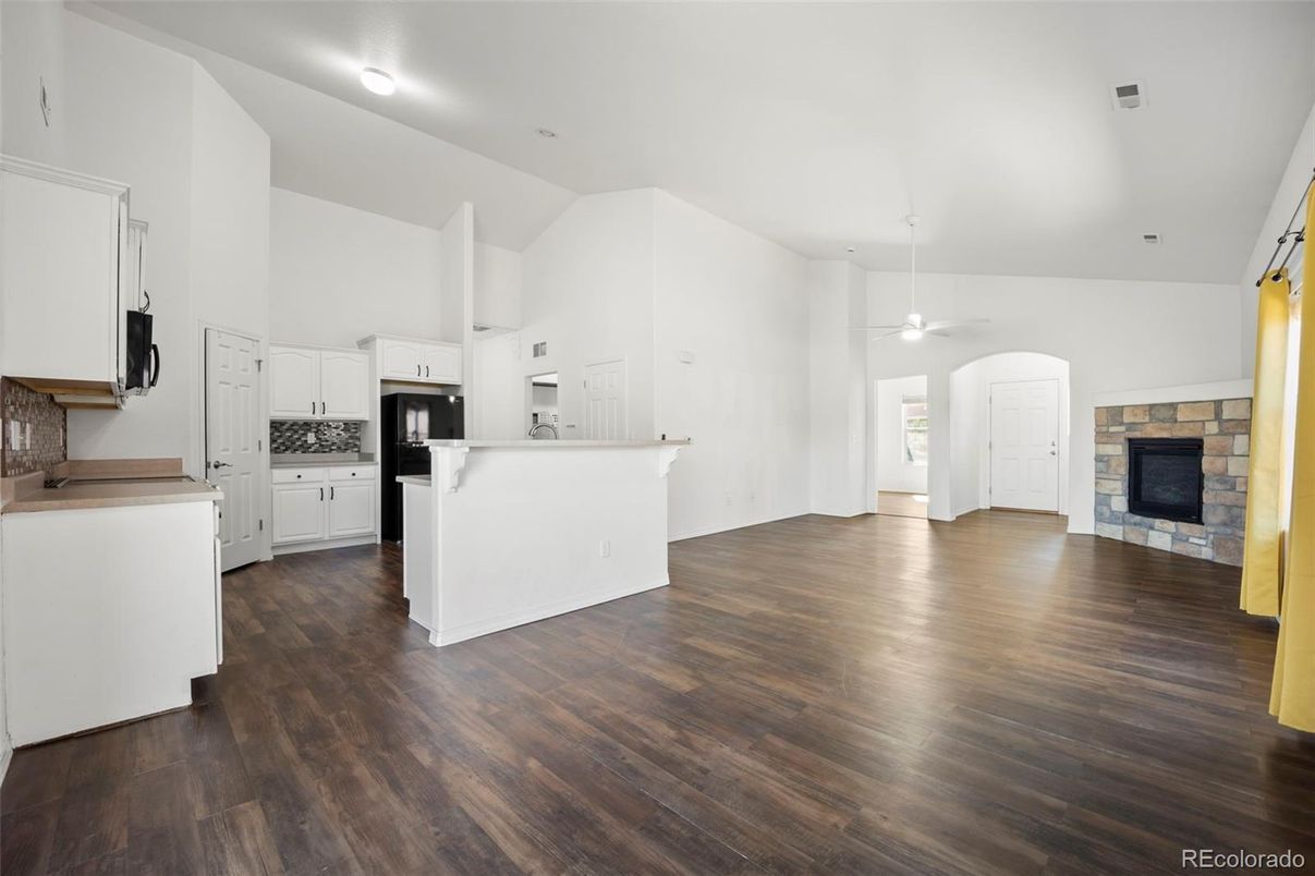Empty room, Fireplace, Interior, Kitchen, Wood Texture Flooring