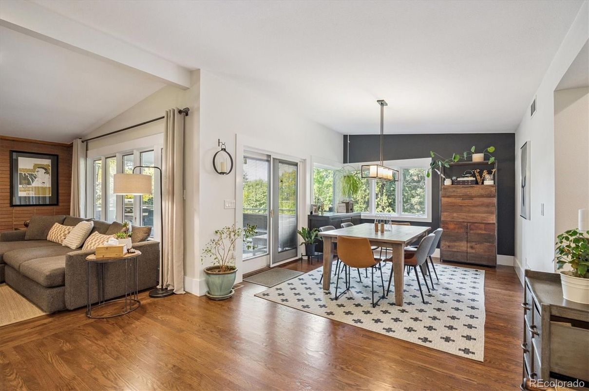 Dining room, Interior, Living room, Pendant Lights, Wood Texture Flooring