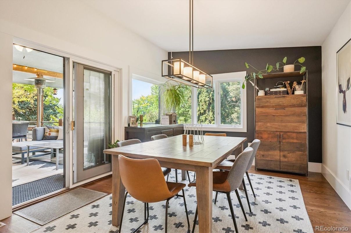 Dining room, Interior, Pendant Lights, Wood Texture Flooring