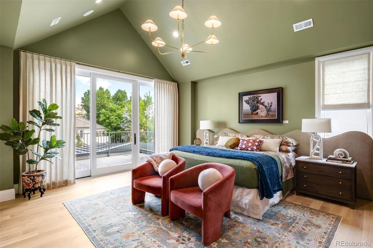 Bedroom, Interior, Pendant Lights, Recessed Lighting, Wood Texture Flooring