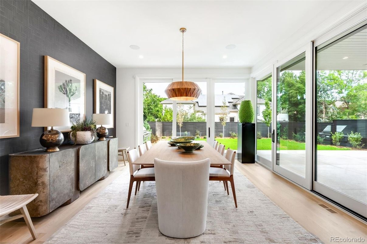 Dining room, Interior, Pendant Lights, Recessed Lighting, Wood Texture Flooring