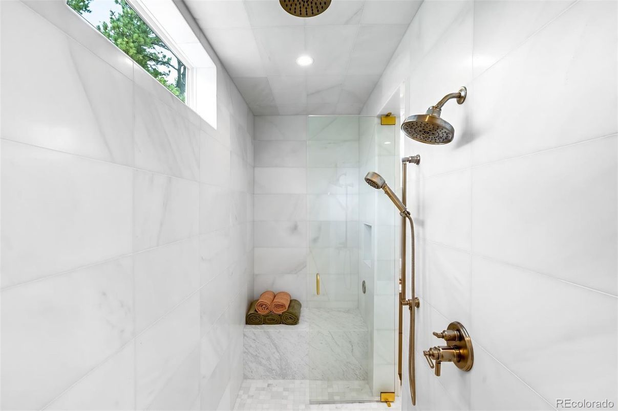 Bathroom, Glass Shower, Interior, Marble Walls, Recessed Lighting