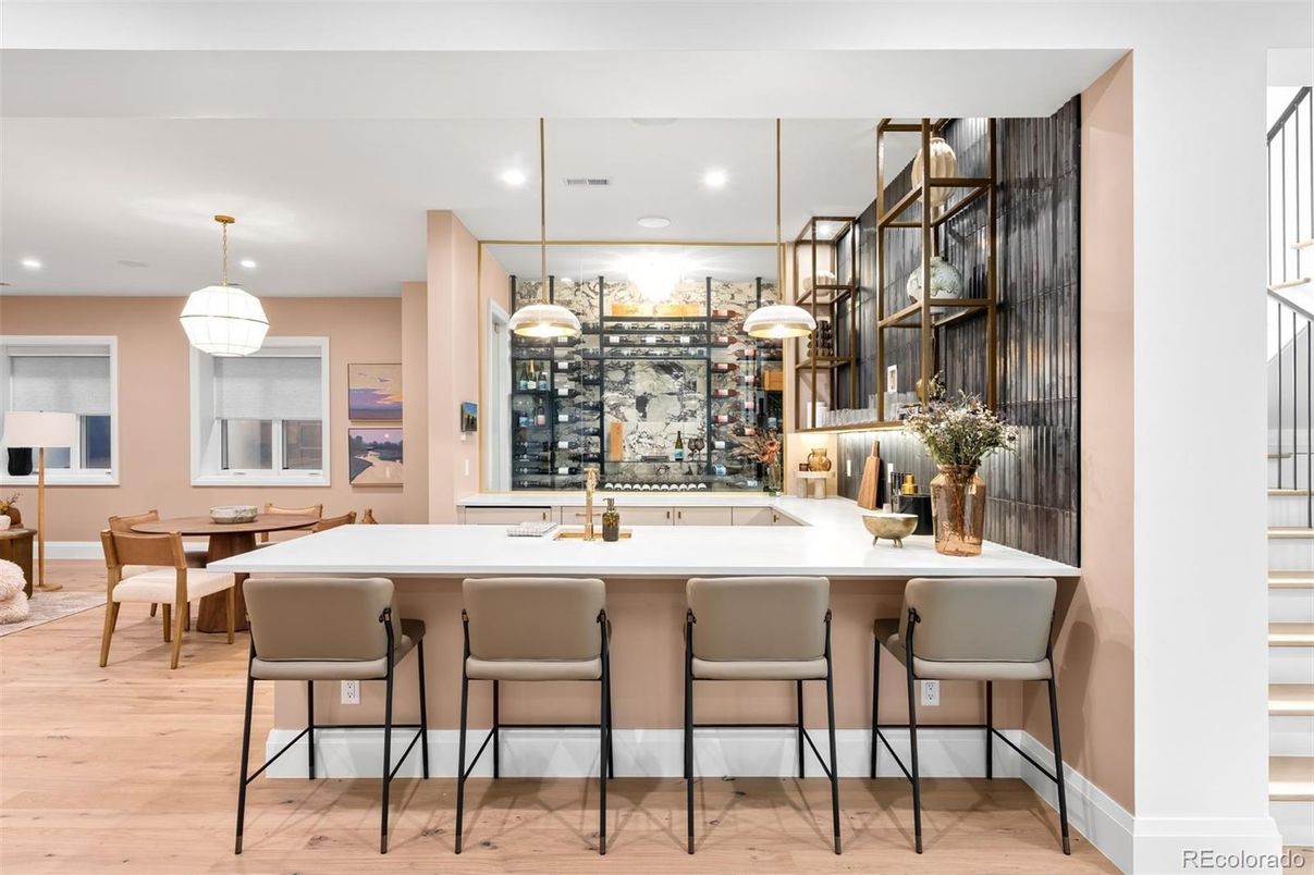 Dining room, Interior, Pendant Lights, Recessed Lighting, Wine Storage, Wood Texture Flooring