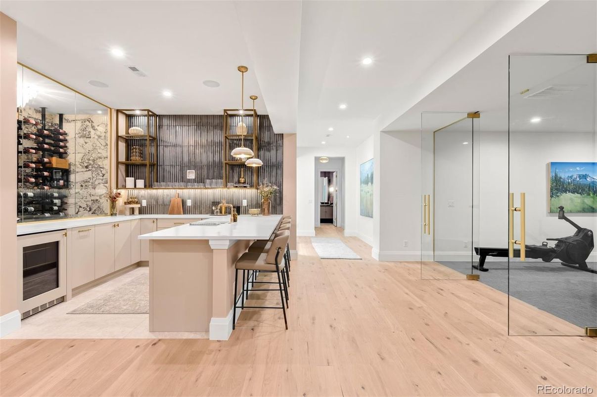 Interior, Kitchen, Pendant Lights, Recessed Lighting, Wine Storage, Wood Texture Flooring