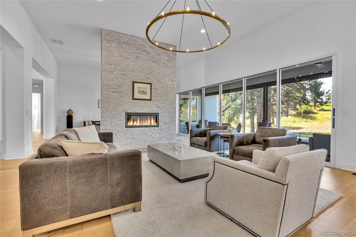 Fireplace, Interior, Living room, Pendant Lights, Stone Walls, Wood Texture Flooring