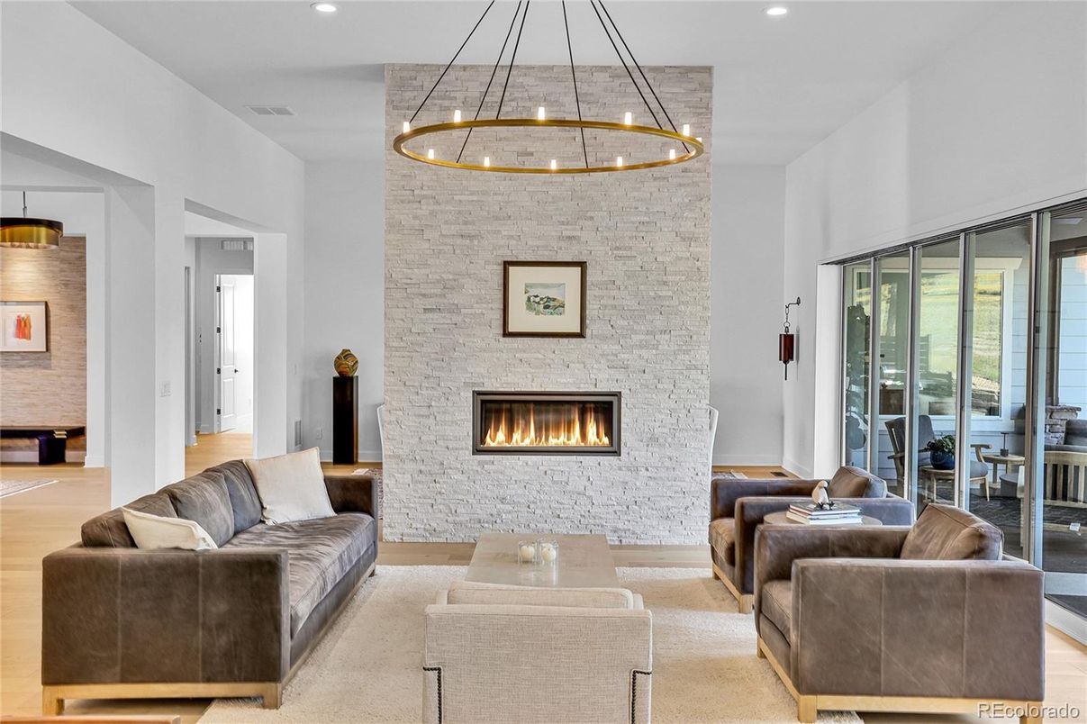 Fireplace, Interior, Living room, Pendant Lights, Recessed Lighting, Stone Walls