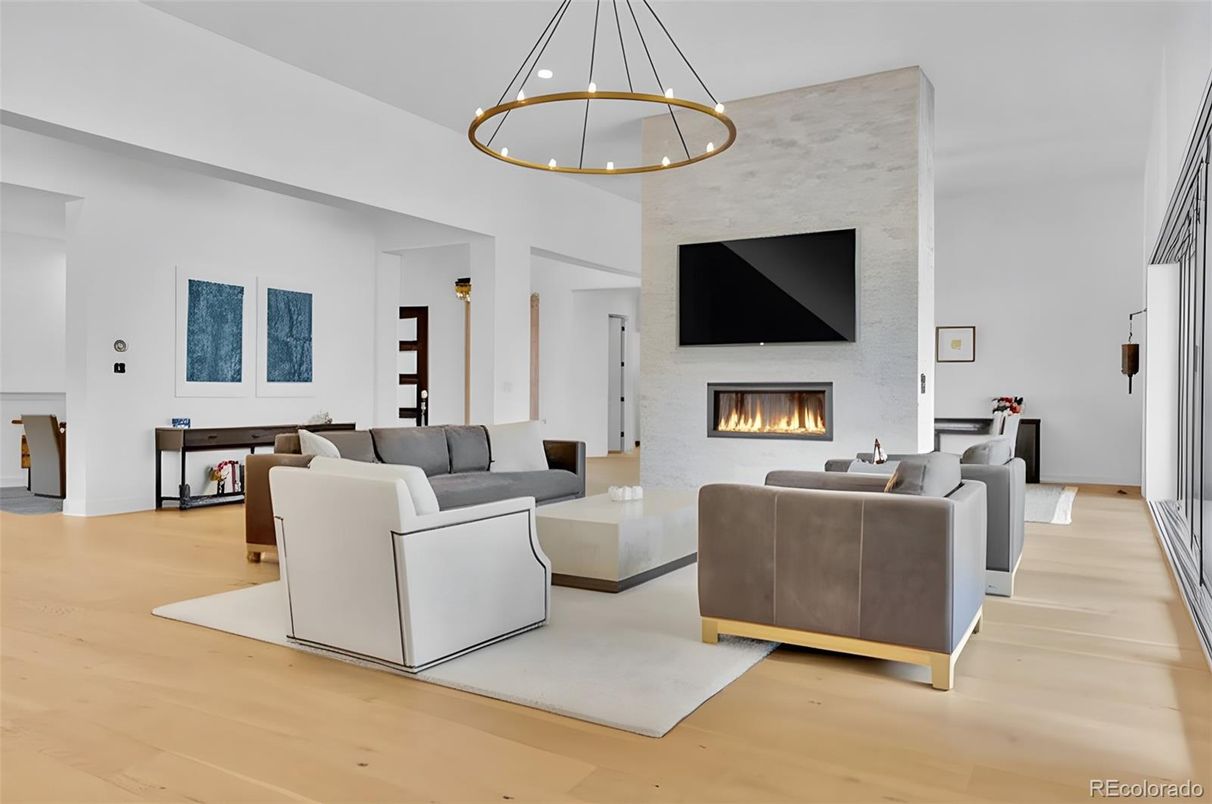 Fireplace, Interior, Living room, Pendant Lights, Wood Texture Flooring