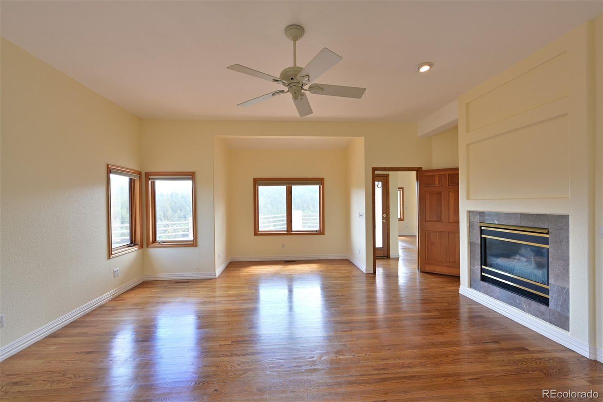 Empty room, Fireplace, Interior, Recessed Lighting, Wood Texture Flooring