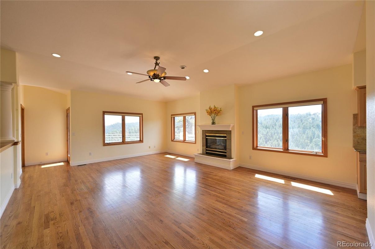 Empty room, Fireplace, Interior, Recessed Lighting, Wood Texture Flooring