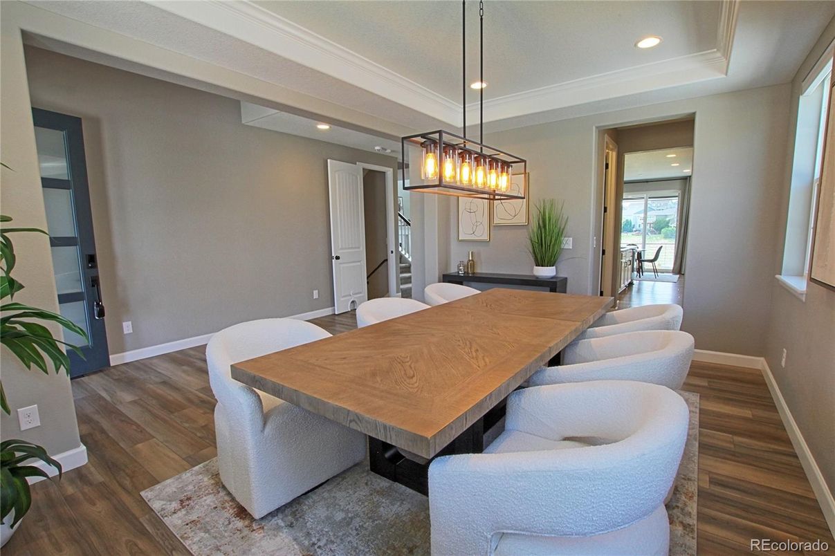 Dining room, Interior, Pendant Lights, Recessed Lighting, Wood Texture Flooring