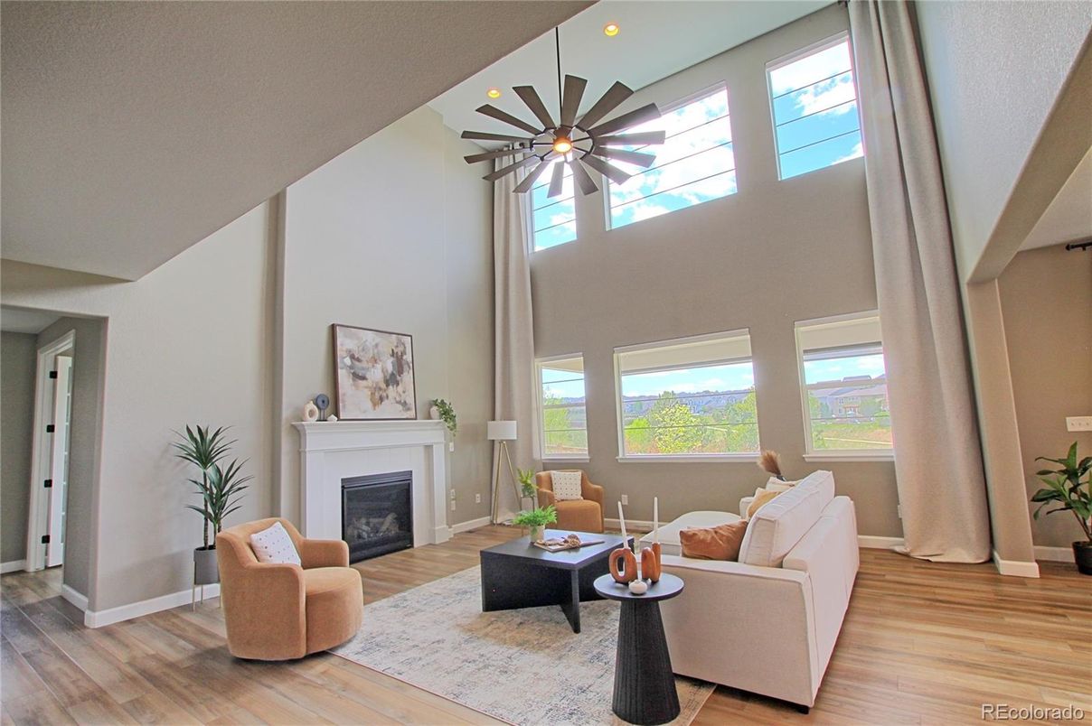 Fireplace, Interior, Living room, Recessed Lighting, Wood Texture Flooring
