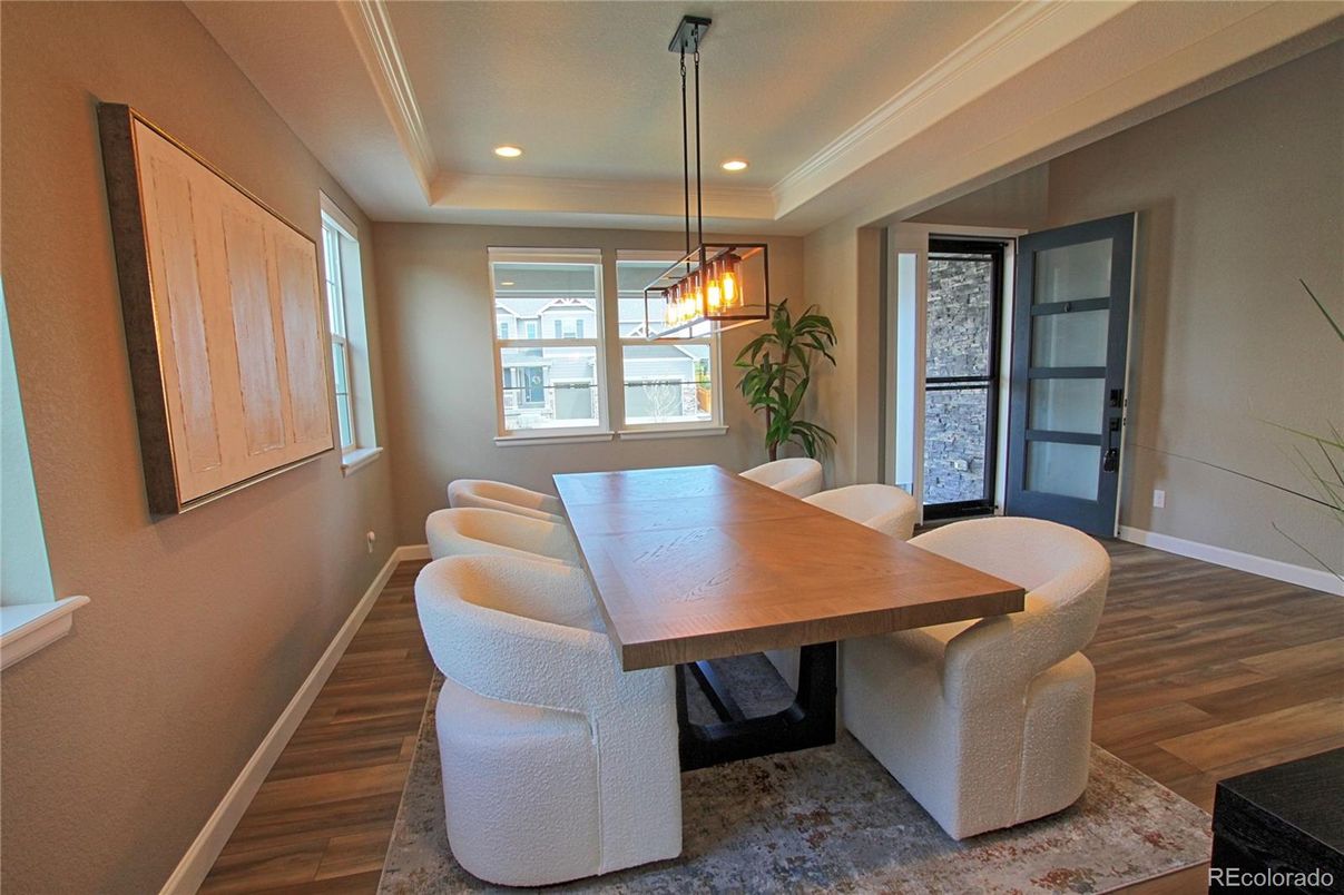 Dining room, Interior, Pendant Lights, Recessed Lighting, Wood Texture Flooring