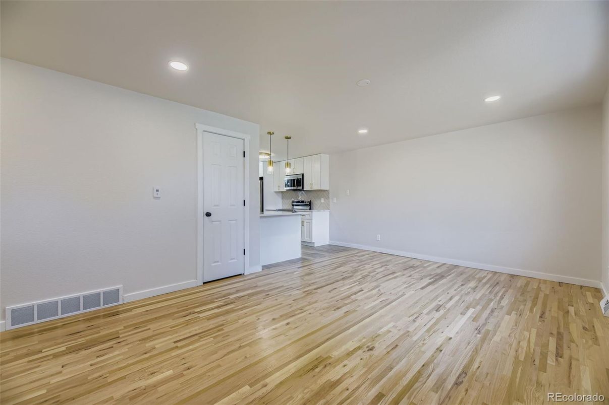 Empty room, Interior, Kitchen, Recessed Lighting, Wood Texture Flooring