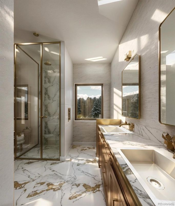Bathroom, Dual Sink Vanities, Glass Shower, Interior, Marble, Marble Walls