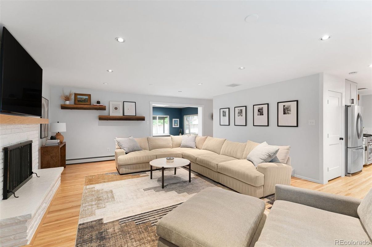 Fireplace, Interior, Living room, Recessed Lighting, Wood Texture Flooring