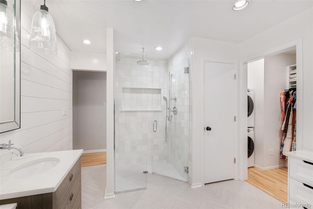 Bathroom, Dual Sink Vanities, Glass Shower, Interior, Recessed Lighting, Wood Texture Flooring
