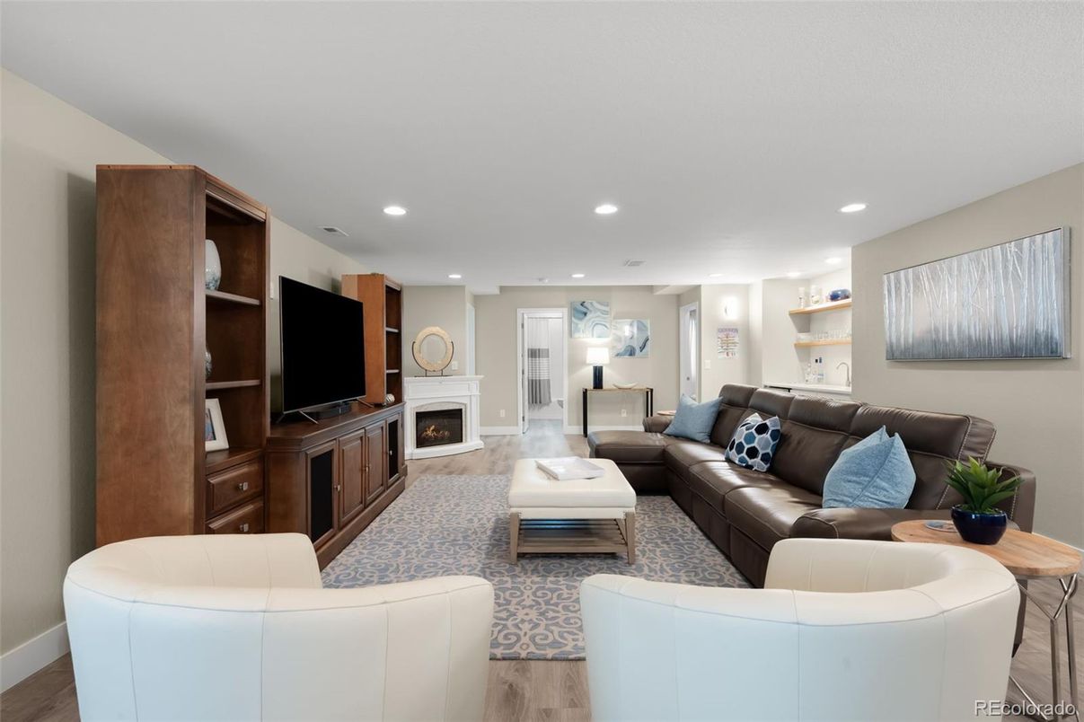 Fireplace, Interior, Living room, Recessed Lighting, Wood Texture Flooring