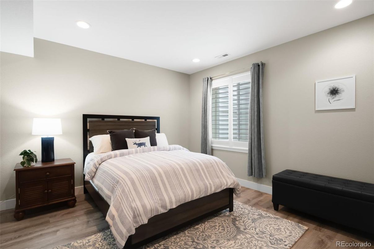 Bedroom, Interior, Recessed Lighting, Wood Texture Flooring