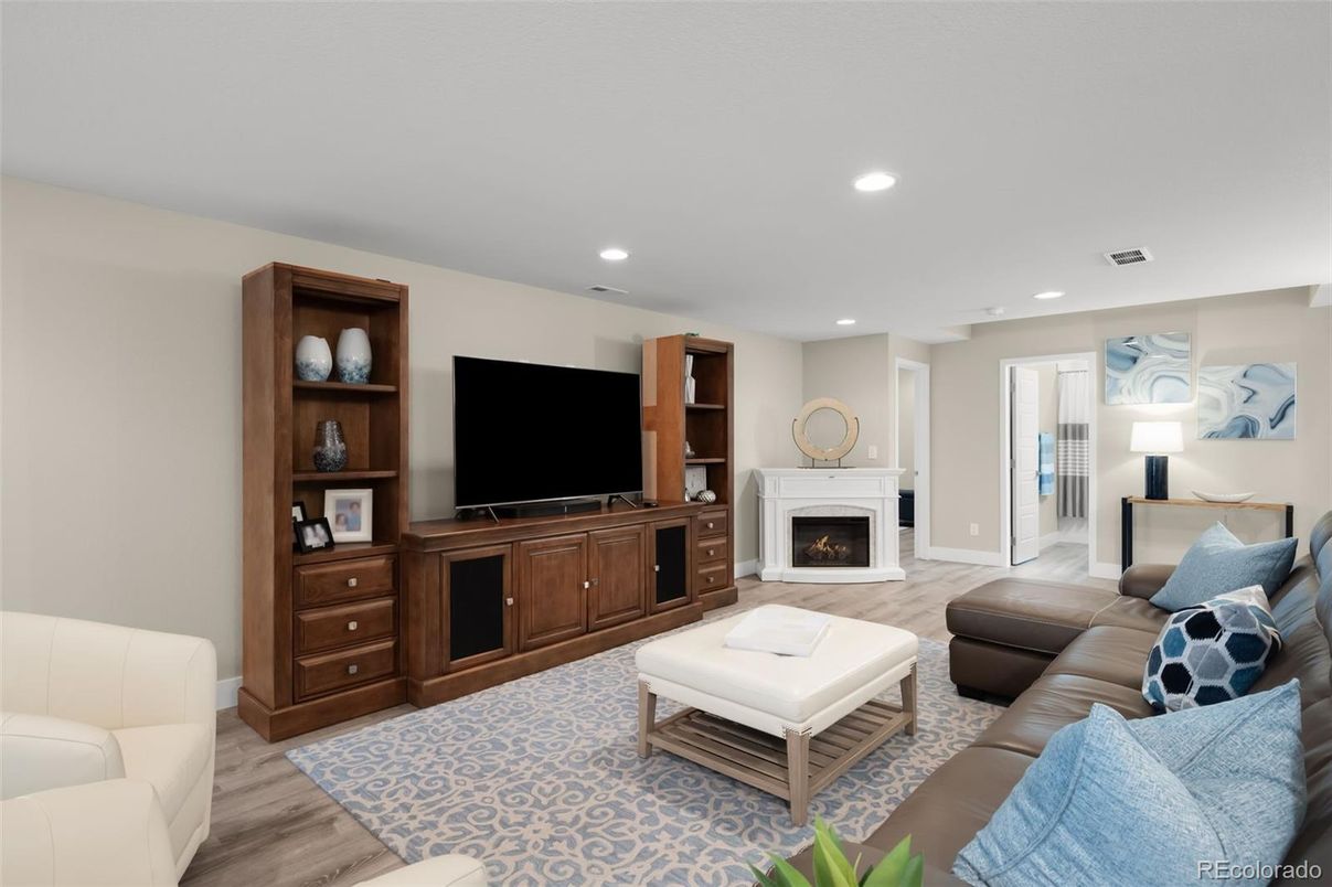 Fireplace, Interior, Living room, Recessed Lighting, Wood Texture Flooring