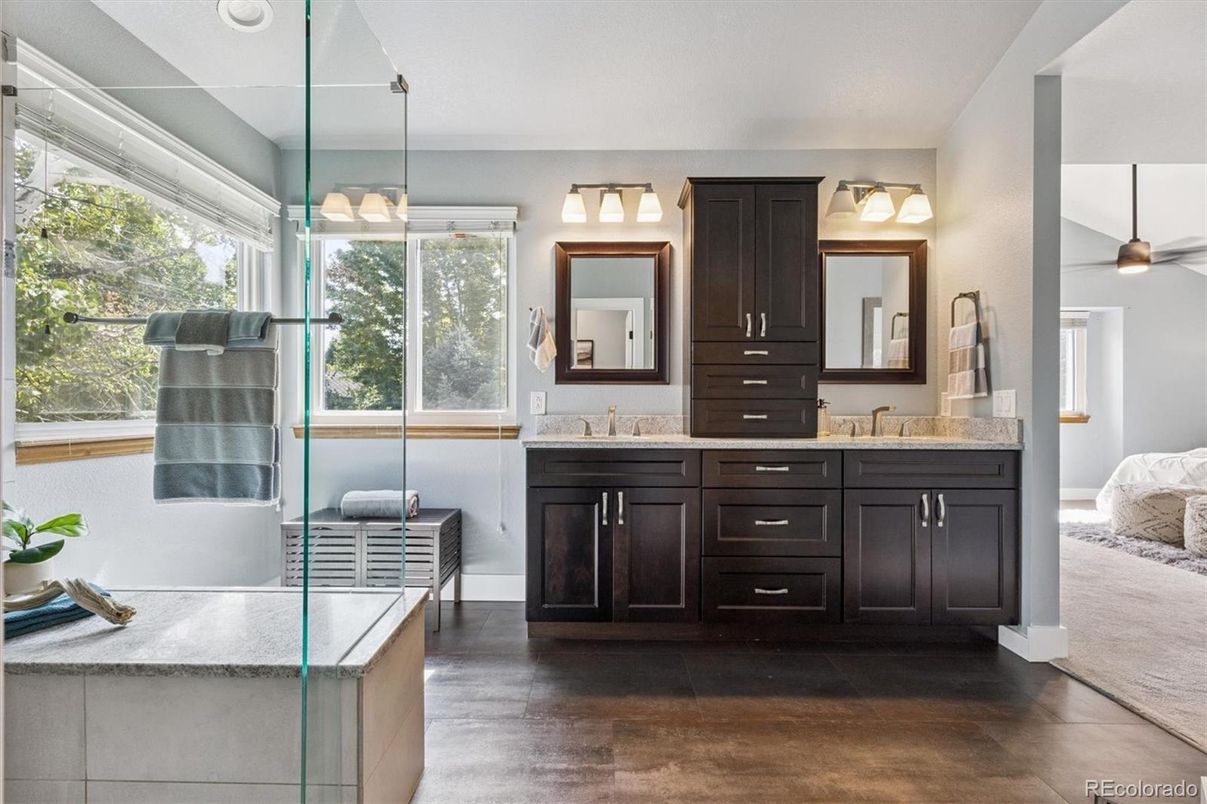 Bathroom, Dual Sink Vanities, Glass Shower, Interior, Wood Texture Flooring