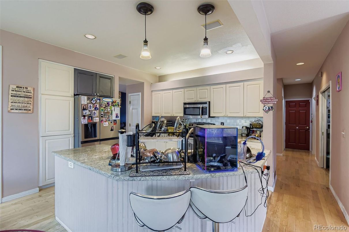 Interior, Kitchen, Pendant Lights, Recessed Lighting, Wood Texture Flooring