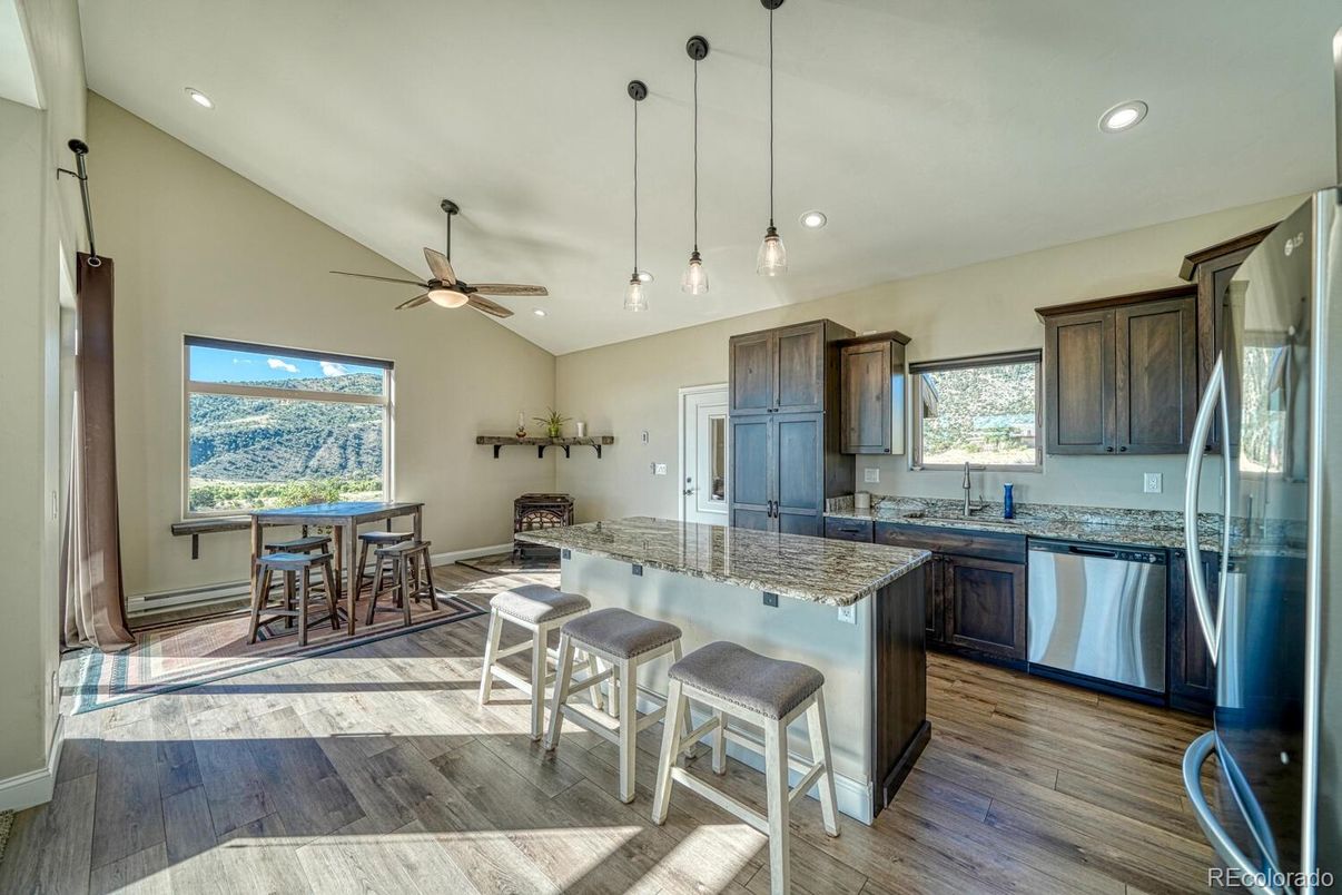 Interior, Kitchen, Pendant Lights, Recessed Lighting, Wood Texture Flooring