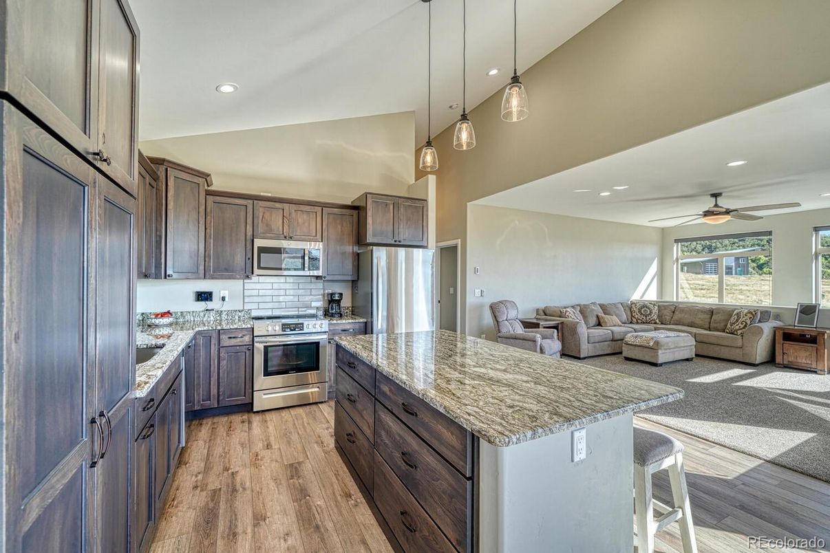 Interior, Kitchen, Living room, Pendant Lights, Recessed Lighting, Stainless Steel Appliances, Wood Texture Flooring