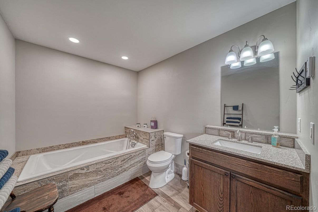 Bathroom, Interior, Recessed Lighting, Wood Texture Flooring