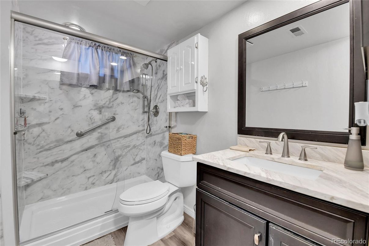 Bathroom, Interior, Marble Walls, Wood Texture Flooring