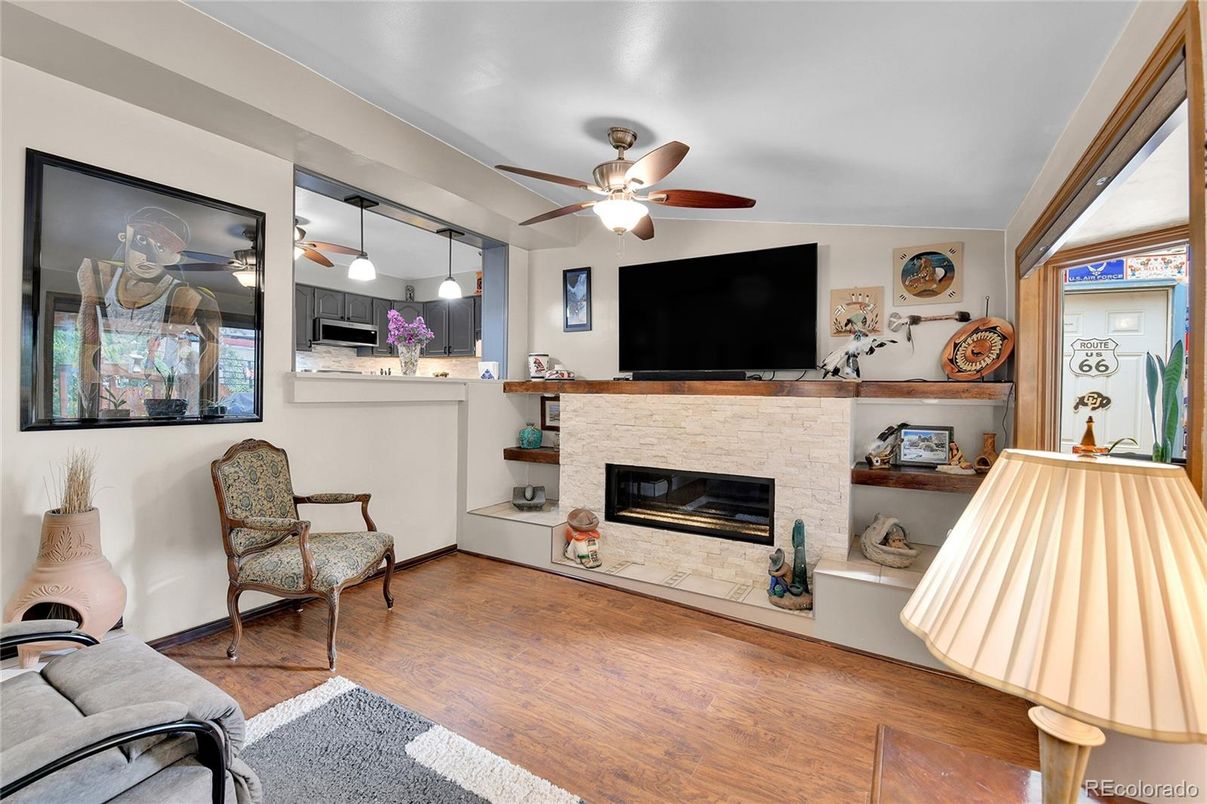 Fireplace, Interior, Pendant Lights, Wood Texture Flooring