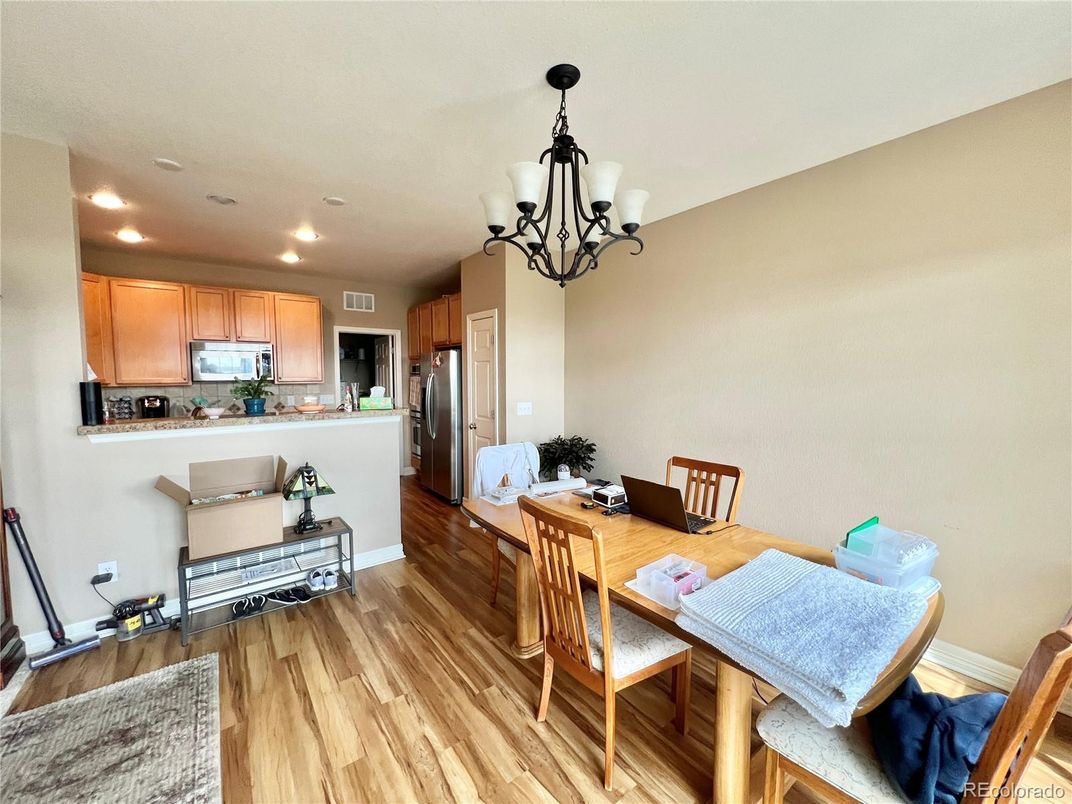 Chandelier, Dining room, Interior, Kitchen, Recessed Lighting, Wood Texture Flooring