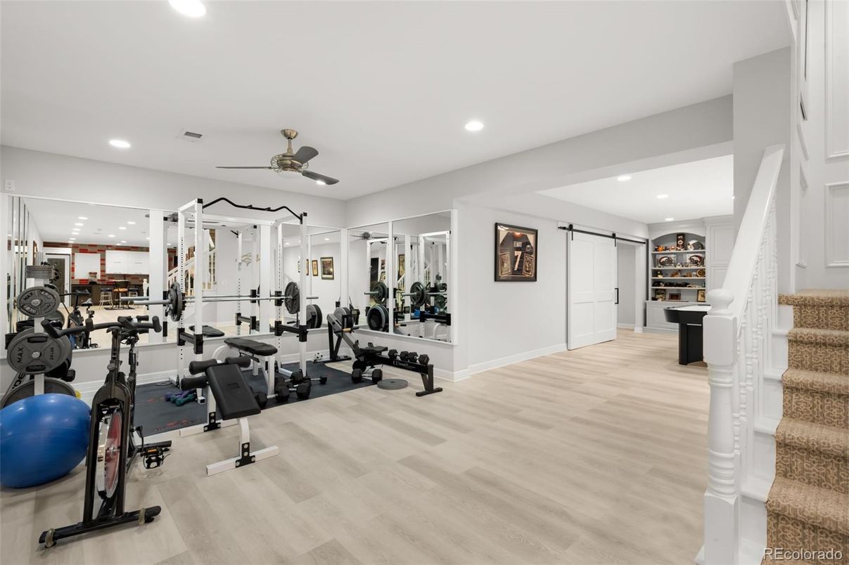 Fitness Equipment, Gym, Interior, Recessed Lighting, Wood Texture Flooring