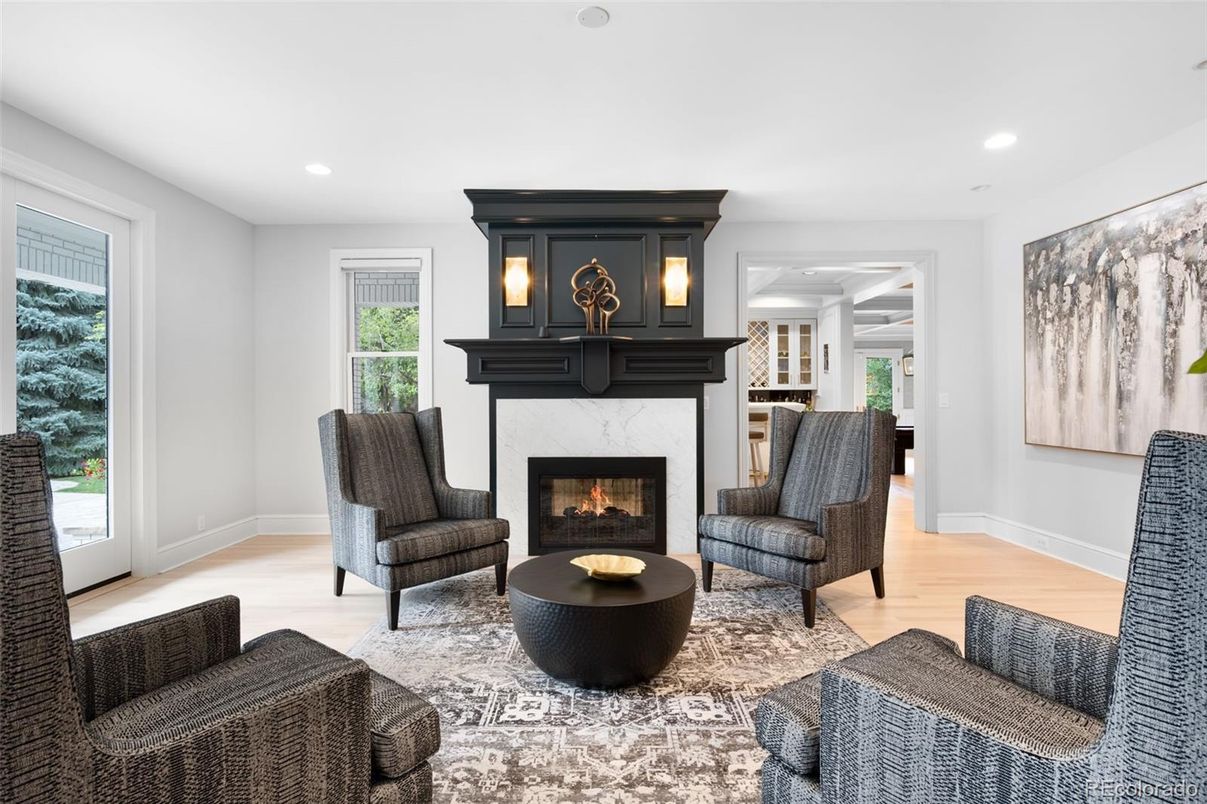 Fireplace, Interior, Living room, Recessed Lighting, Wood Texture Flooring