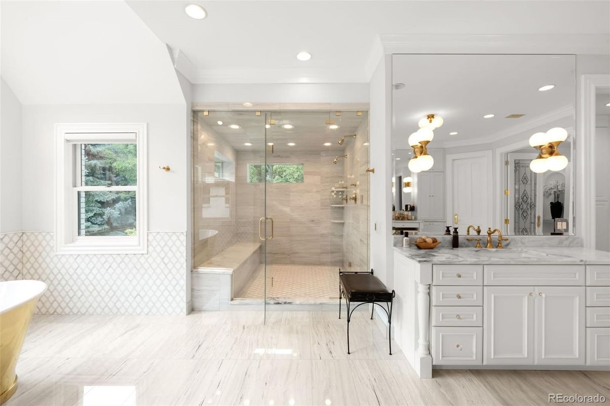 Bathroom, Glass Shower, Interior, Marble, Recessed Lighting