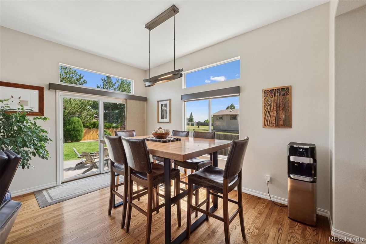 Dining room, Interior, Pendant Lights, Wood Texture Flooring