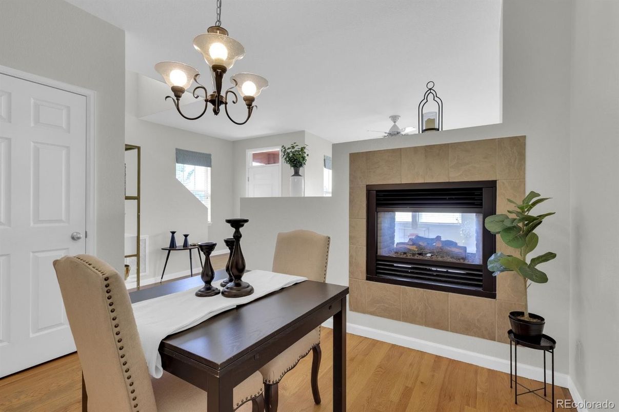 Chandelier, Dining room, Fireplace, Interior, Wood Texture Flooring