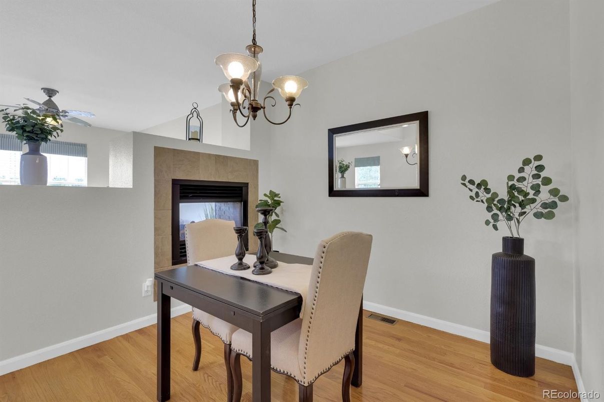 Chandelier, Dining room, Fireplace, Interior, Wood Texture Flooring