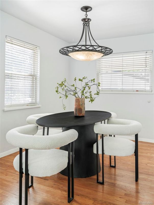 Dining room, Interior, Pendant Lights, Wood Texture Flooring