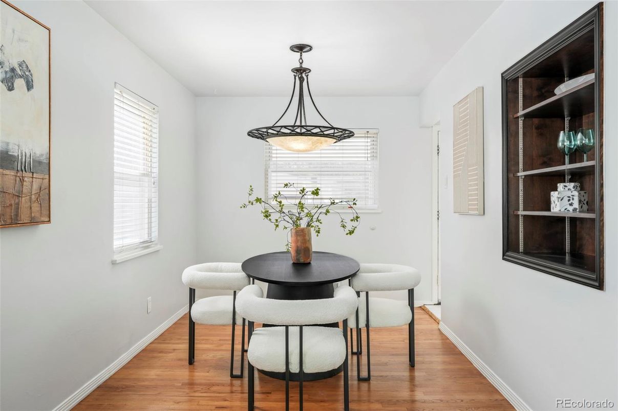 Dining room, Interior, Pendant Lights, Wood Texture Flooring
