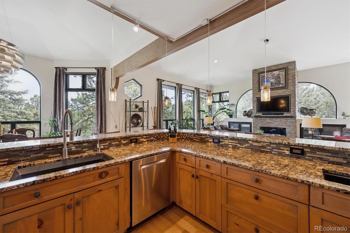 Fireplace, Interior, Kitchen, Pendant Lights, Wood Texture Flooring