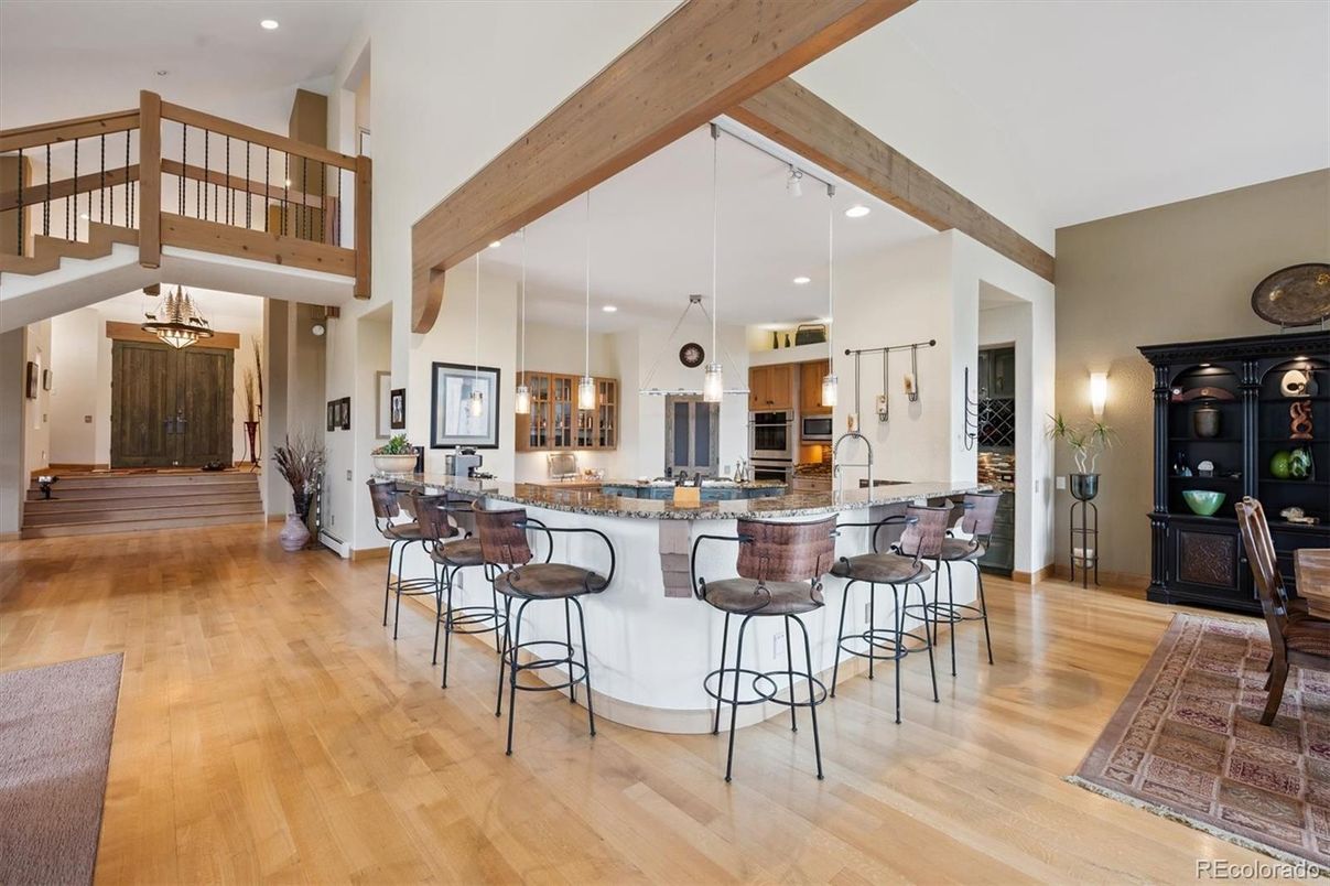 Interior, Kitchen, Pendant Lights, Recessed Lighting, Wooden Beams, Wood Texture Flooring