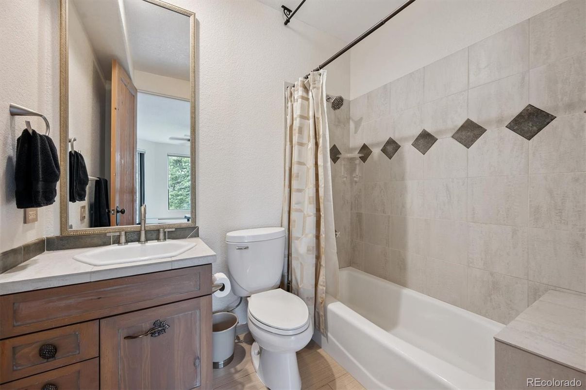 Bathroom, Interior, Tile Countertops, Wood Texture Flooring