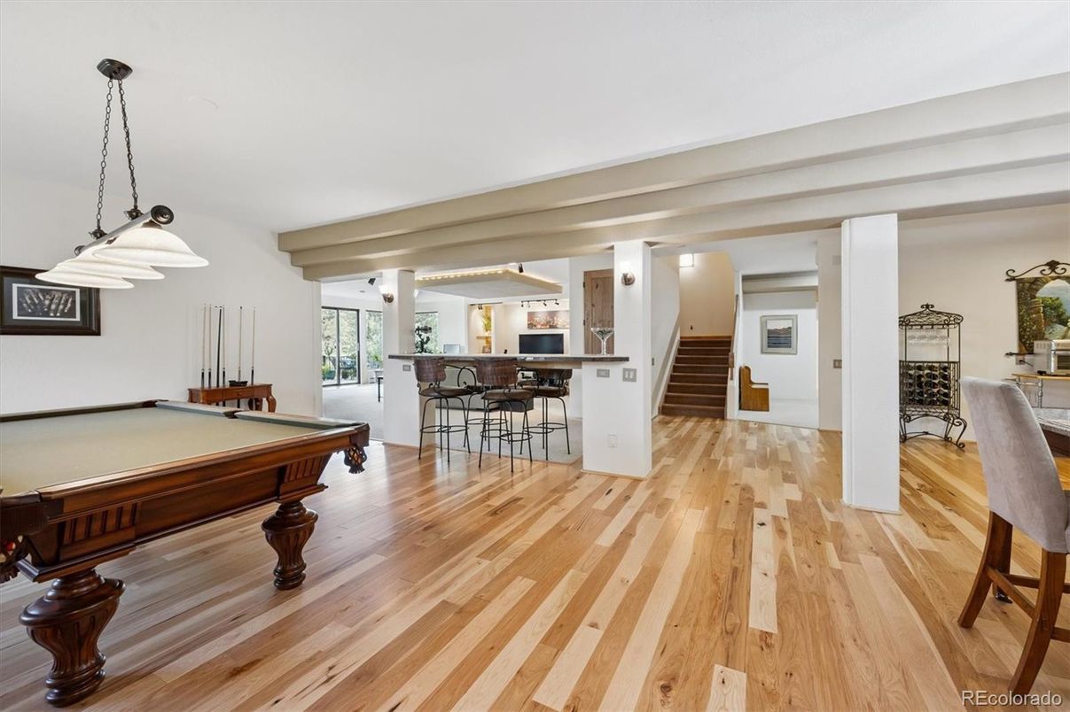 Billiard Table, Game Room, Interior, Pendant Lights, Wood Texture Flooring