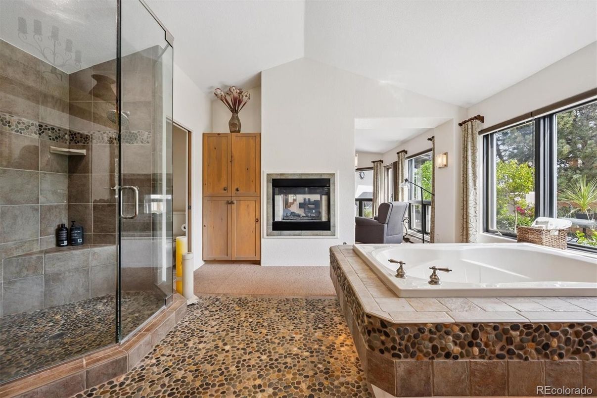 Bathroom, Fireplace, Glass Shower, Interior