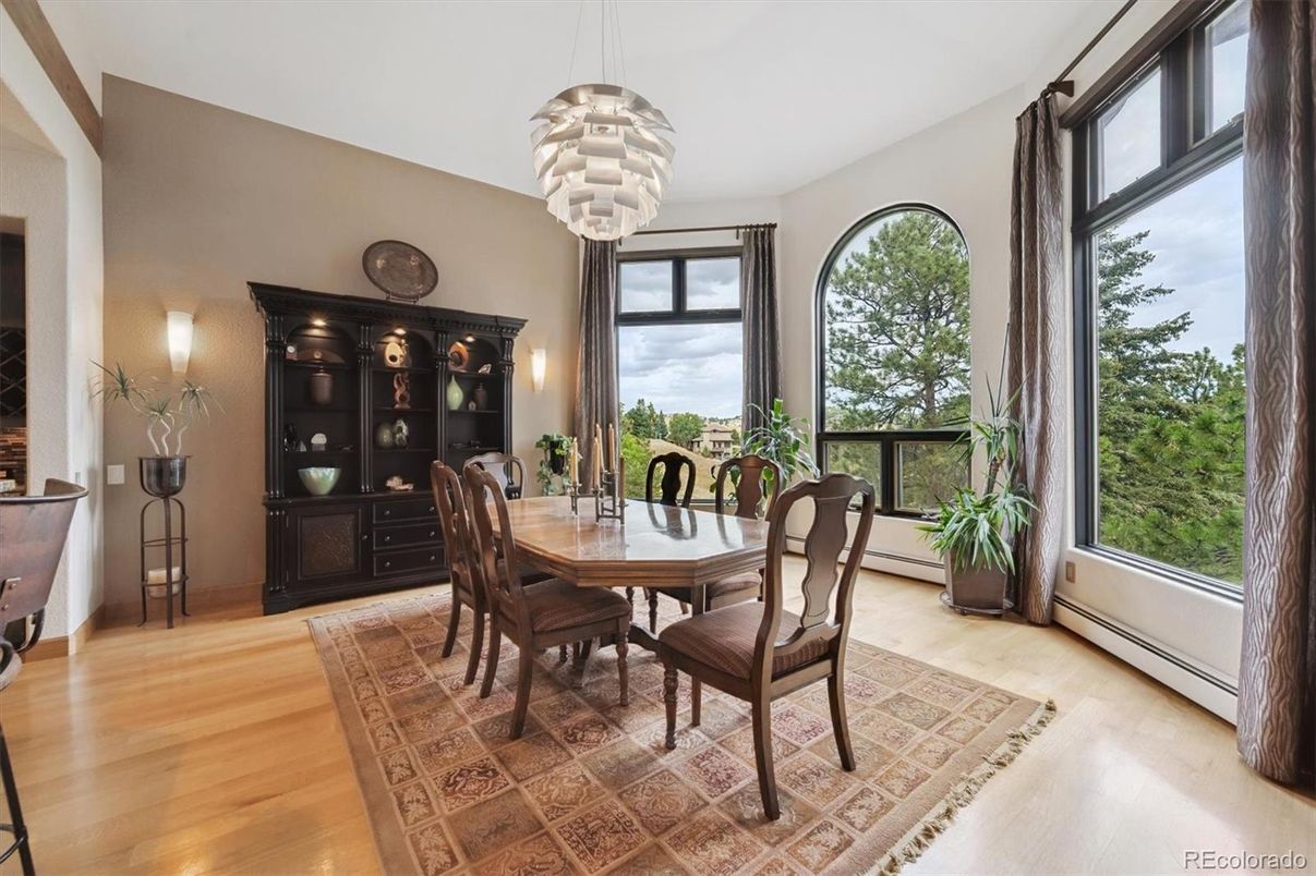 Dining room, Interior, Pendant Lights, Wood Texture Flooring